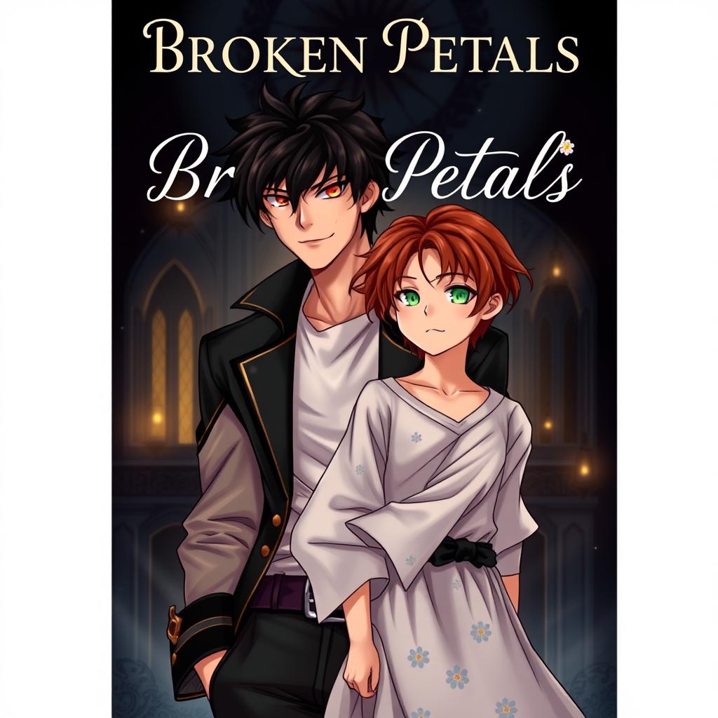 Book cover design for 'Broken Petals' featuring a dark, enchanted palace backdrop with a faint glow accentuating the main characters