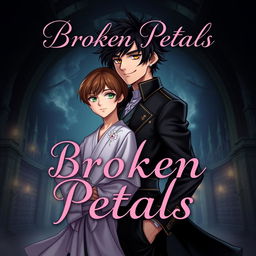 Book cover design for 'Broken Petals' featuring a dark, enchanted palace backdrop with a faint glow accentuating the main characters