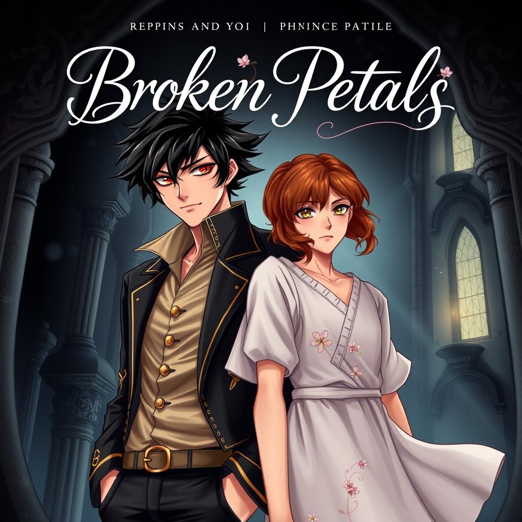 Book cover design for 'Broken Petals' featuring a dark, enchanted palace backdrop with a faint glow accentuating the main characters