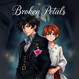 Book cover design for 'Broken Petals' featuring a dark, enchanted palace backdrop with a faint glow accentuating the main characters