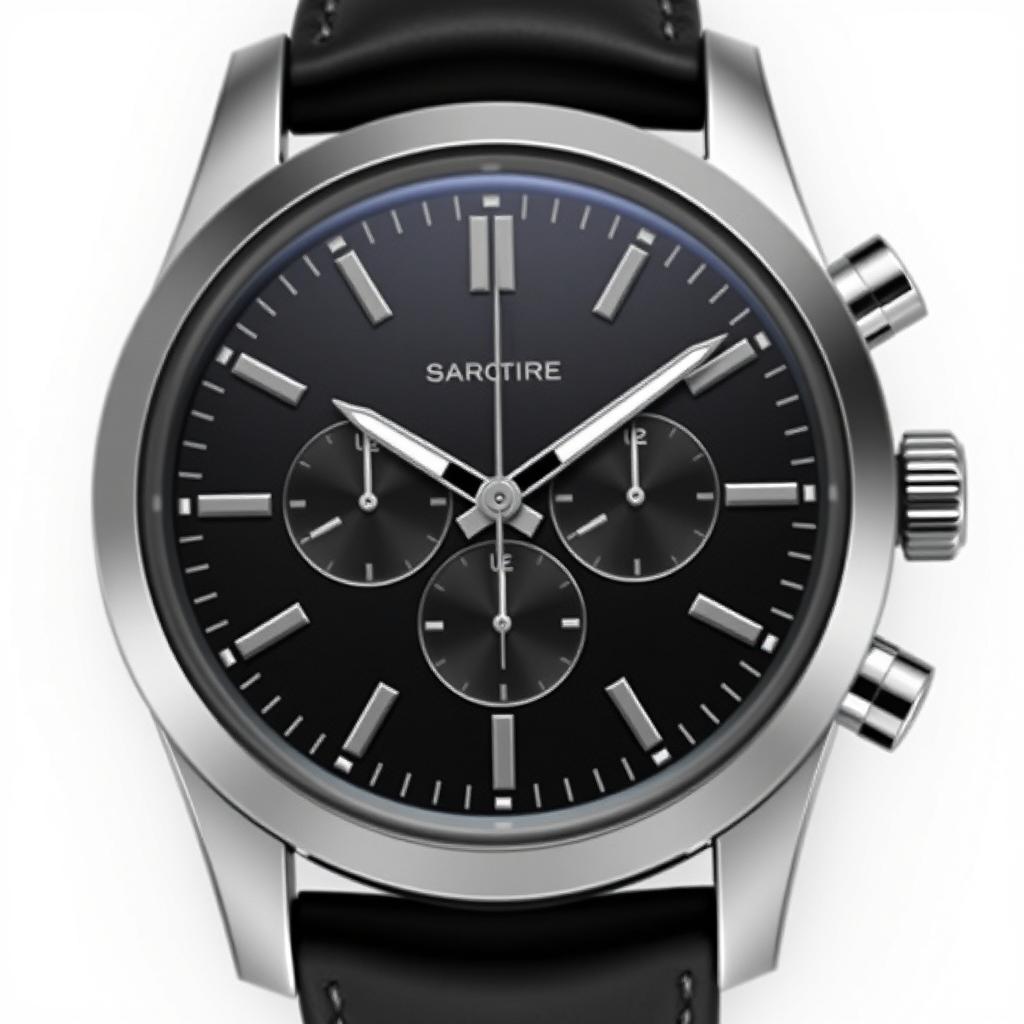 A sleek and modern wristwatch design featuring a stainless steel case, a minimalist black dial with silver hour markers, and a sapphire crystal