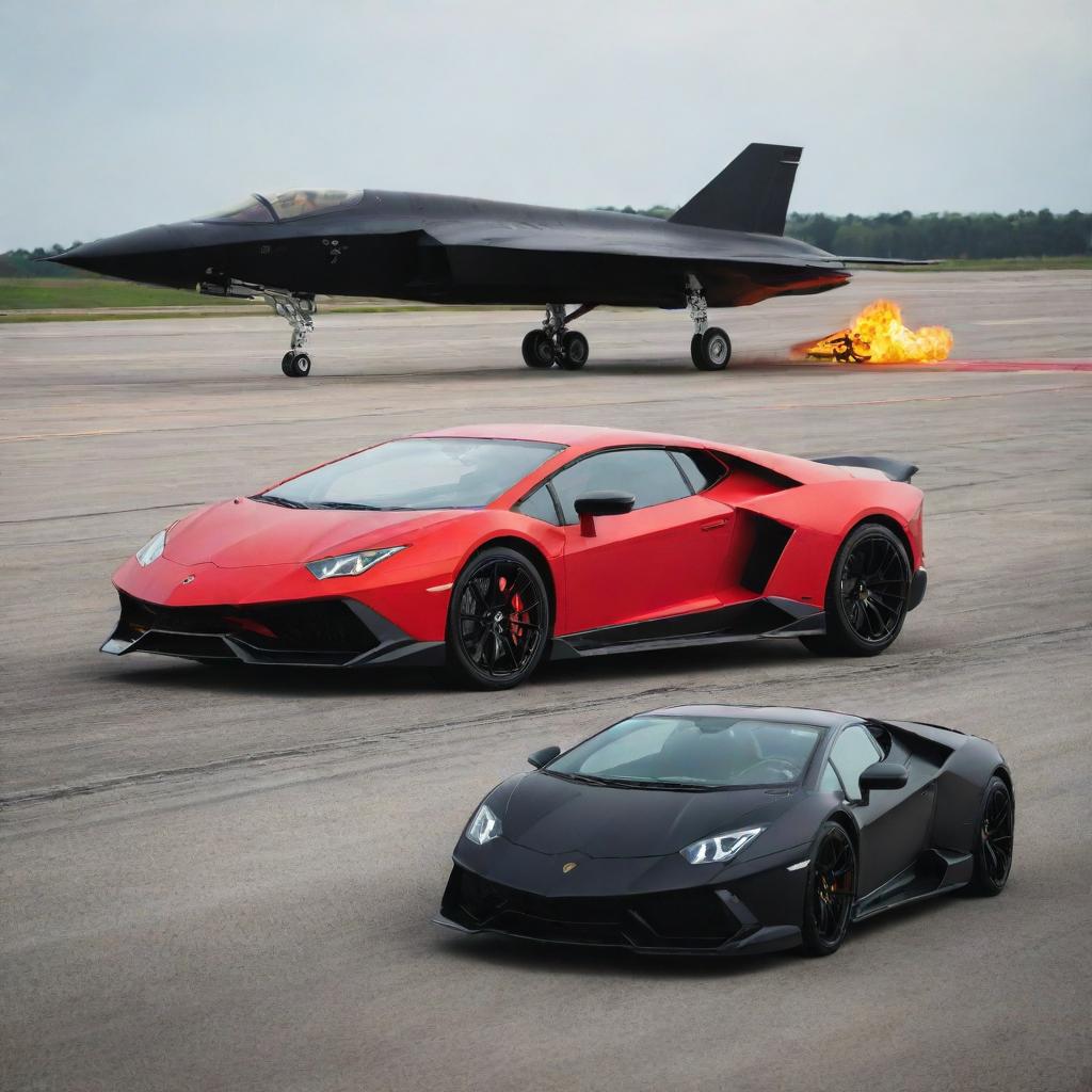 A matte black stealth fighter jet on a runway scene together with a fiery red, sleek Lamborghini.