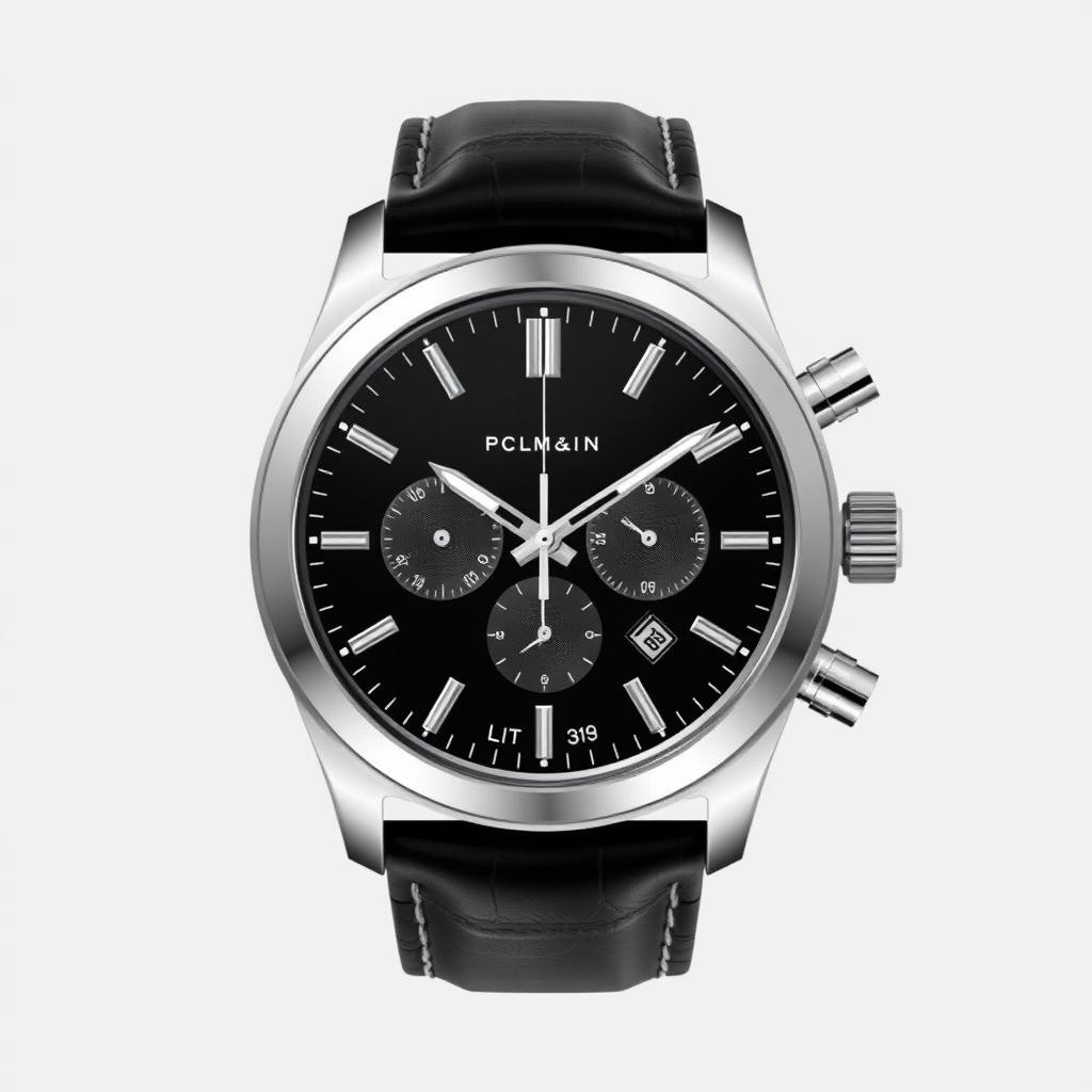 A sleek and modern wristwatch design featuring a stainless steel case, a minimalist black dial with silver hour markers, and a sapphire crystal