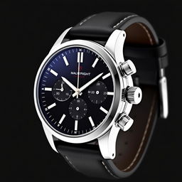 A sleek and modern wristwatch design featuring a stainless steel case, a minimalist black dial with silver hour markers, and a sapphire crystal