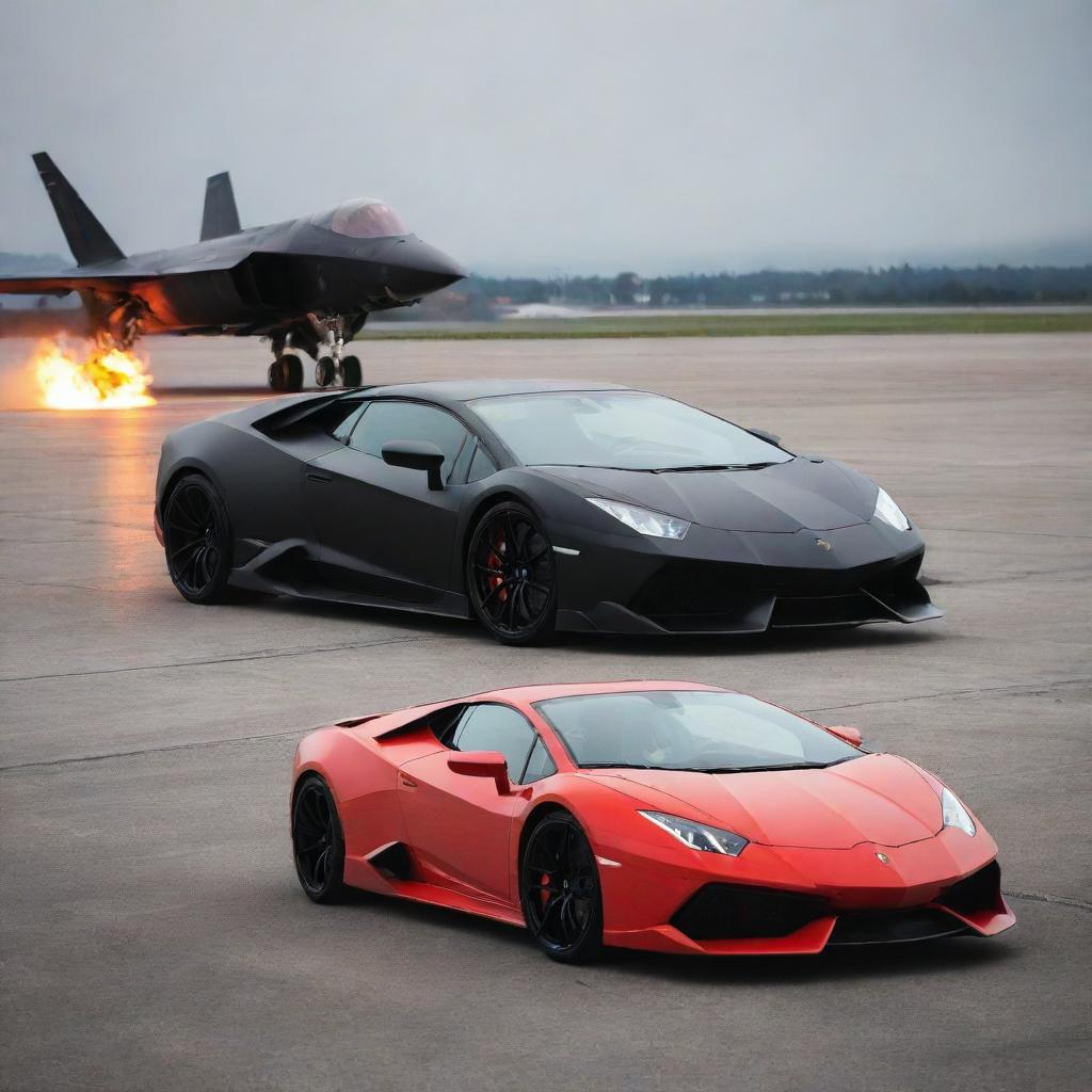 A matte black stealth fighter jet on a runway scene together with a fiery red, sleek Lamborghini.