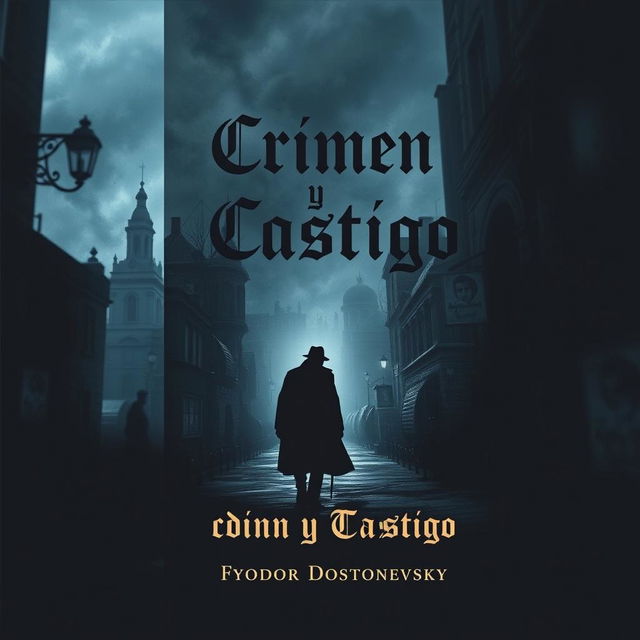 A captivating book cover design for 'Crimen y Castigo' by Fyodor Dostoevsky, featuring a moody and atmospheric depiction of St