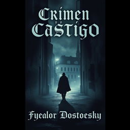 A captivating book cover design for 'Crimen y Castigo' by Fyodor Dostoevsky, featuring a moody and atmospheric depiction of St