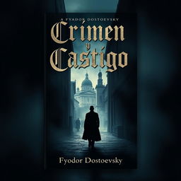 A captivating book cover design for 'Crimen y Castigo' by Fyodor Dostoevsky, featuring a moody and atmospheric depiction of St