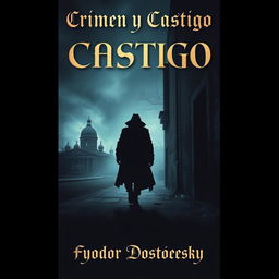 A captivating book cover design for 'Crimen y Castigo' by Fyodor Dostoevsky, featuring a moody and atmospheric depiction of St