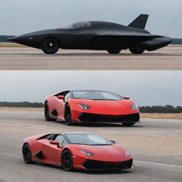 A matte black stealth fighter jet on a runway scene together with a fiery red, sleek Lamborghini.