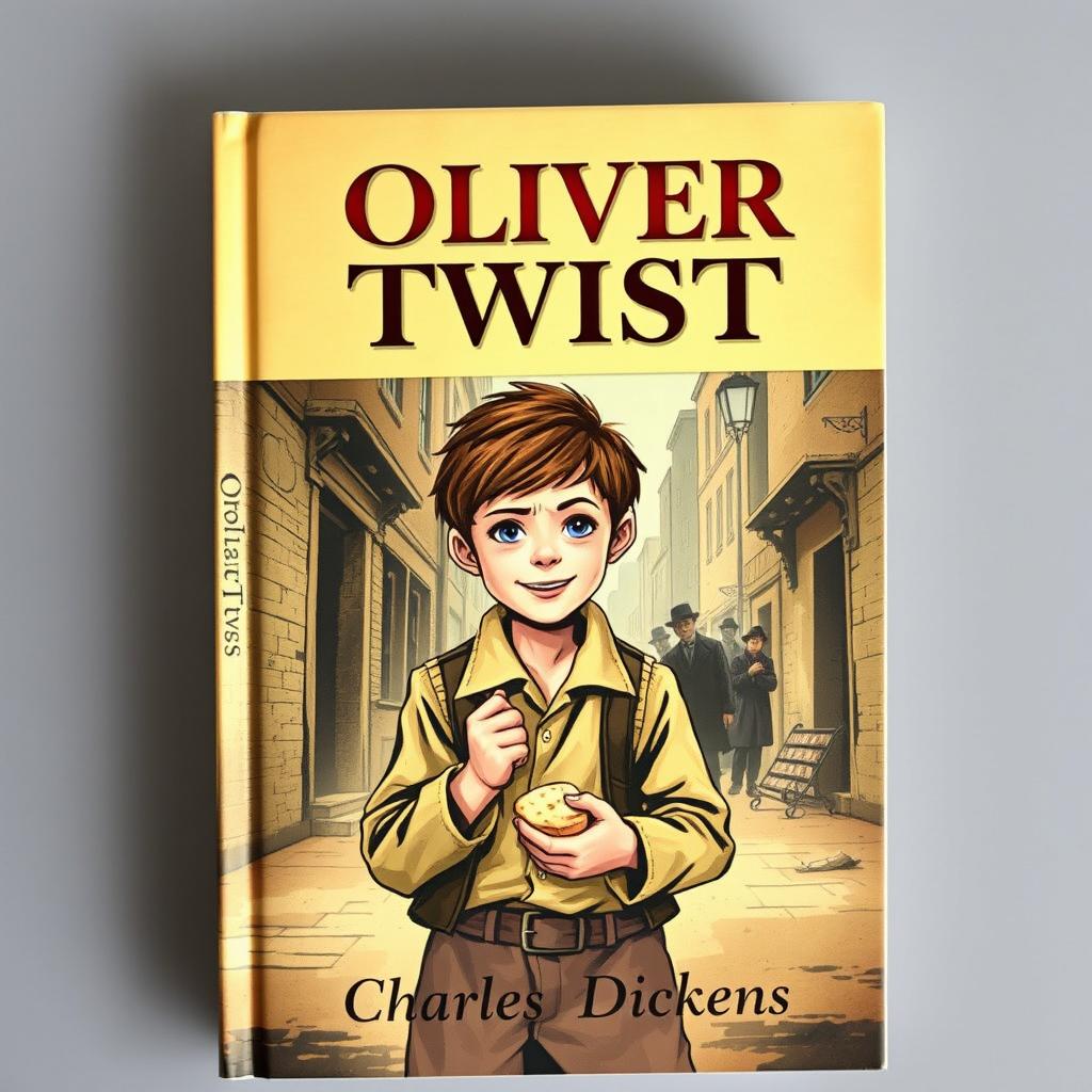 An imaginative book cover design for 'Oliver Twist' by Charles Dickens, depicting a gritty London street scene from the 19th century