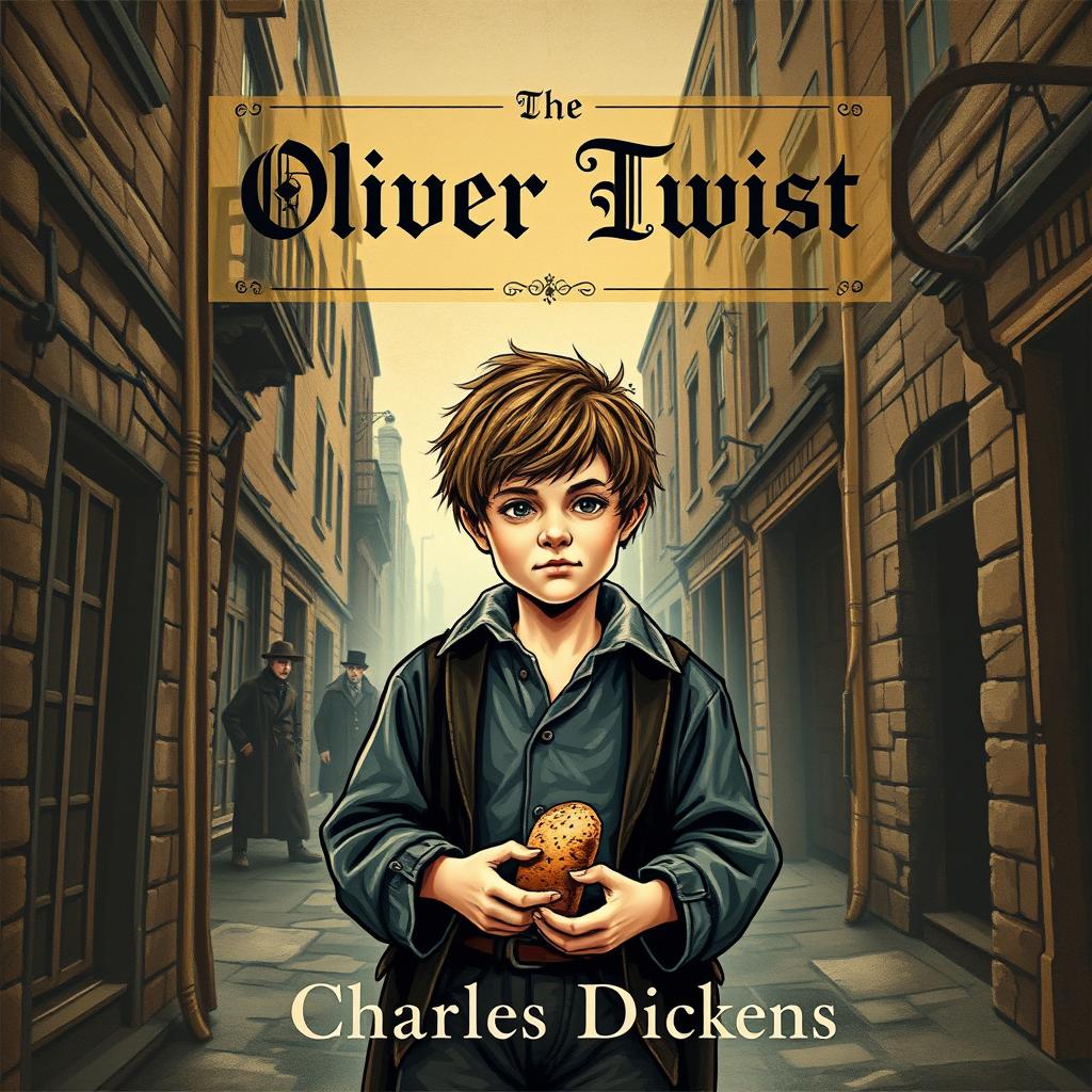 An imaginative book cover design for 'Oliver Twist' by Charles Dickens, depicting a gritty London street scene from the 19th century