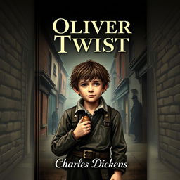 An imaginative book cover design for 'Oliver Twist' by Charles Dickens, depicting a gritty London street scene from the 19th century