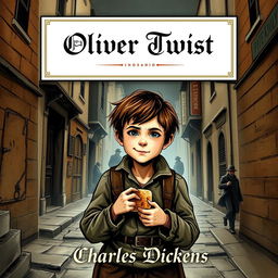 An imaginative book cover design for 'Oliver Twist' by Charles Dickens, depicting a gritty London street scene from the 19th century