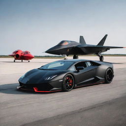 A matte black stealth fighter jet on a runway scene together with a fiery red, sleek Lamborghini.