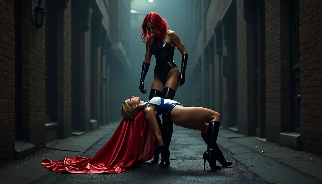 In a shadowy dark alley, a blond superheroine is depicted in a striking white and blue latex swimsuit, complemented by long leather opera gloves and black PVC thigh-high boots with 5-inch heels