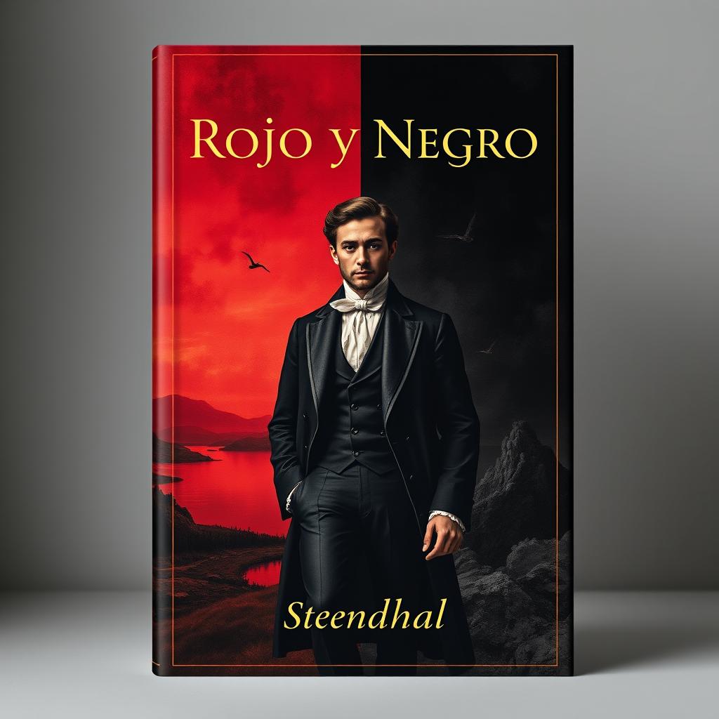 An elegant book cover design for 'Rojo y Negro' (The Red and the Black) by Stendhal, featuring a striking and dramatic composition