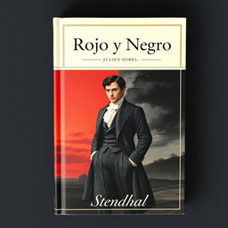 An elegant book cover design for 'Rojo y Negro' (The Red and the Black) by Stendhal, featuring a striking and dramatic composition