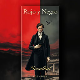 An elegant book cover design for 'Rojo y Negro' (The Red and the Black) by Stendhal, featuring a striking and dramatic composition