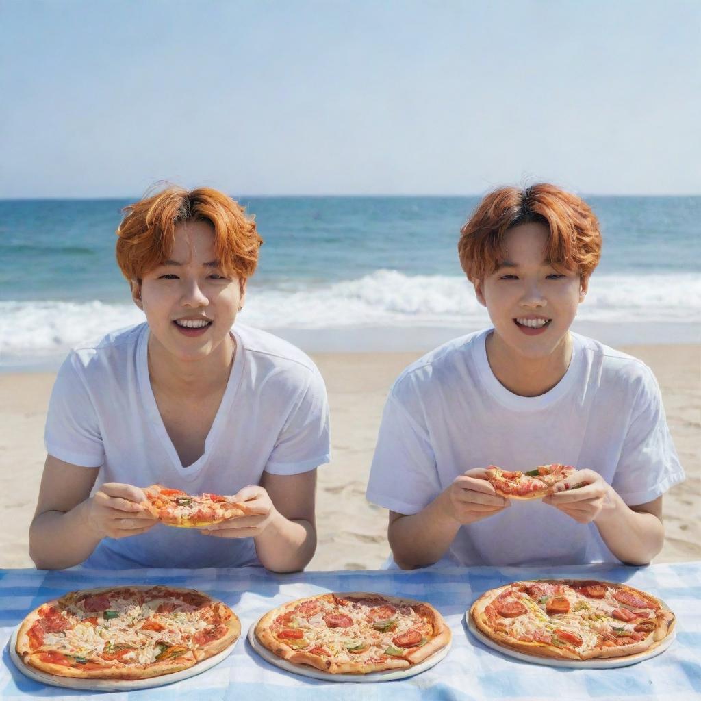 BTS members V and Jimin enjoying slices of pizza on a sunny beach, with waves gently breaking in the background.