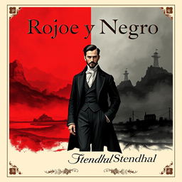 An elegant book cover design for 'Rojo y Negro' (The Red and the Black) by Stendhal, featuring a striking and dramatic composition