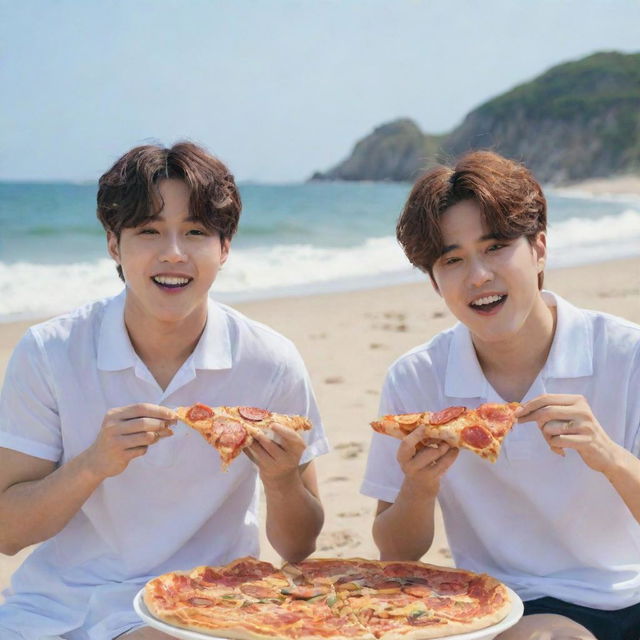 BTS members V and Jimin enjoying slices of pizza on a sunny beach, with waves gently breaking in the background.