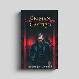 An artistic book cover design for 'Crimen y Castigo' by Fiódor Dostoyevski, illustrating the psychological intensity of the novel