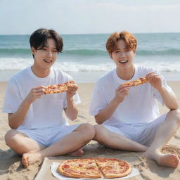 BTS members V and Jimin enjoying slices of pizza on a sunny beach, with waves gently breaking in the background.