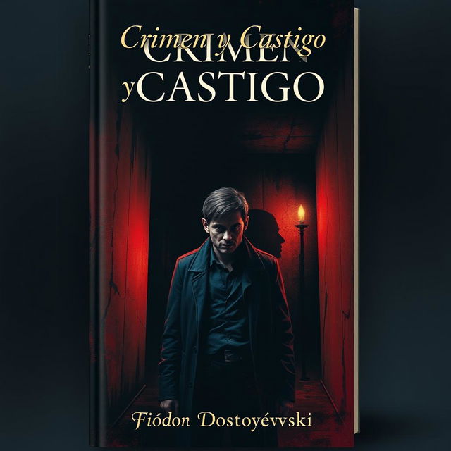 An artistic book cover design for 'Crimen y Castigo' by Fiódor Dostoyevski, illustrating the psychological intensity of the novel