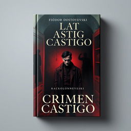 An artistic book cover design for 'Crimen y Castigo' by Fiódor Dostoyevski, illustrating the psychological intensity of the novel