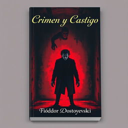 An artistic book cover design for 'Crimen y Castigo' by Fiódor Dostoyevski, illustrating the psychological intensity of the novel