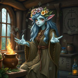 A firbolg witch character from a Dungeons & Dragons setting, featuring a tall, gentle-looking firbolg with soft blue skin and thick hair adorned with flowers