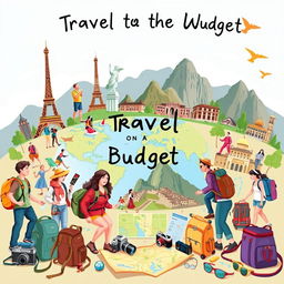 A beautifully illustrated travel guide depicting various methods to travel the world on a budget