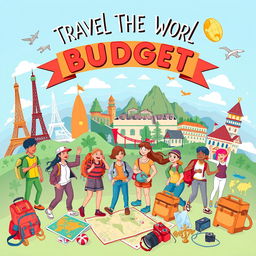 A beautifully illustrated travel guide depicting various methods to travel the world on a budget