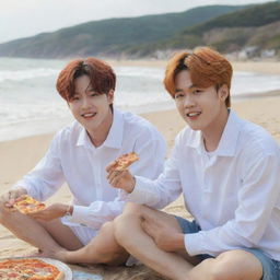 BTS members V and Jimin enjoying slices of pizza on a sunny beach, with waves gently breaking in the background.