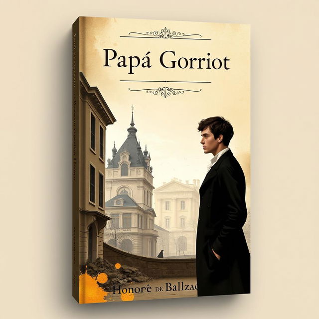 A sophisticated book cover design for 'Papá Goriot' by Honoré de Balzac, capturing the essence of 19th-century Parisian society