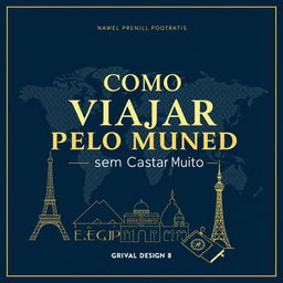 A formal travel book cover design titled 'Como Viajar pelo Mundo sem Gastar Muito'