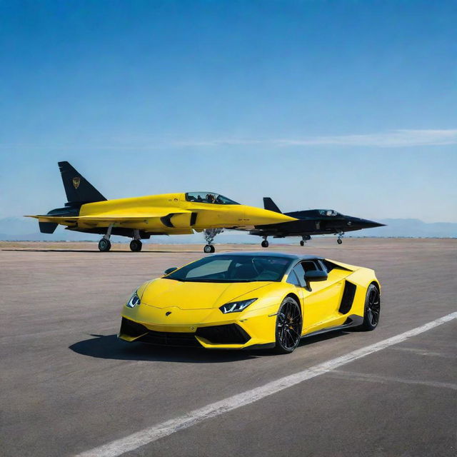 A sleek Lamborghini in luminescent yellow and a sleek matte black fighter jet, both lined up side by side on a wide open airstrip, the blue sky and horizon in the background.