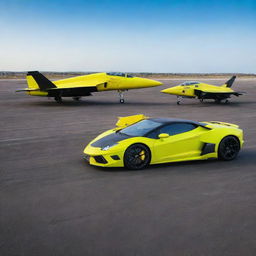 A sleek Lamborghini in luminescent yellow and a sleek matte black fighter jet, both lined up side by side on a wide open airstrip, the blue sky and horizon in the background.