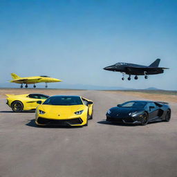 A sleek Lamborghini in luminescent yellow and a sleek matte black fighter jet, both lined up side by side on a wide open airstrip, the blue sky and horizon in the background.