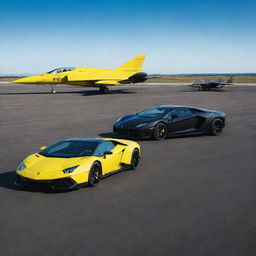 A sleek Lamborghini in luminescent yellow and a sleek matte black fighter jet, both lined up side by side on a wide open airstrip, the blue sky and horizon in the background.