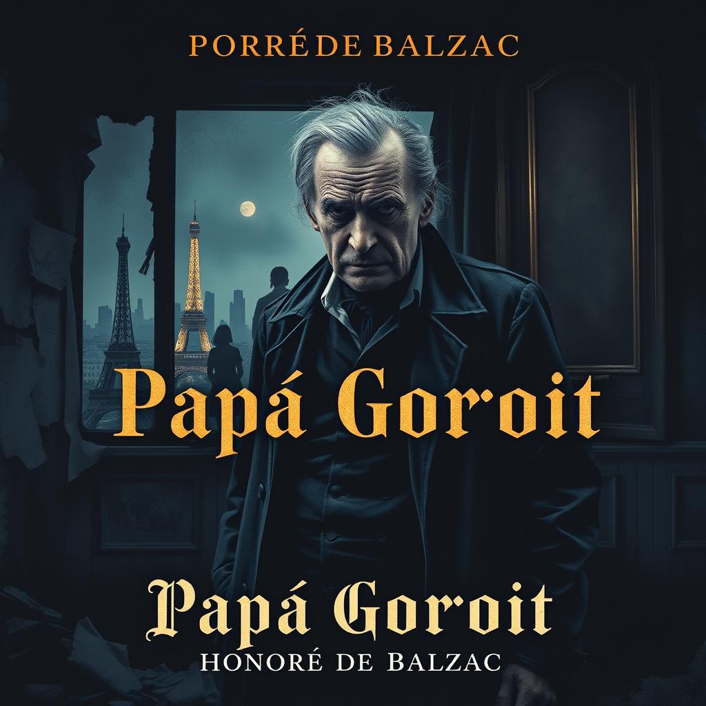 An artistic book cover design for 'Papá Goriot' by Honoré de Balzac, featuring a dramatic and emotionally charged scene