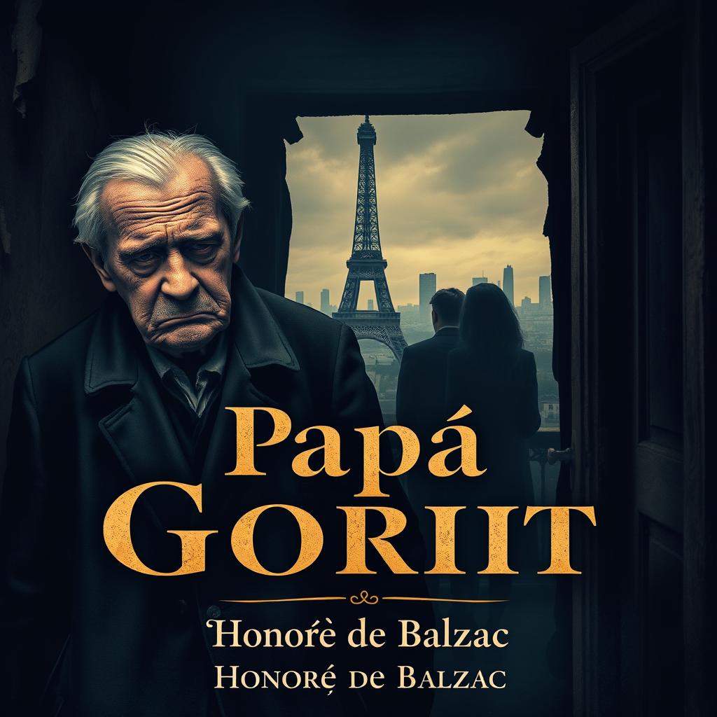 An artistic book cover design for 'Papá Goriot' by Honoré de Balzac, featuring a dramatic and emotionally charged scene