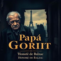 An artistic book cover design for 'Papá Goriot' by Honoré de Balzac, featuring a dramatic and emotionally charged scene