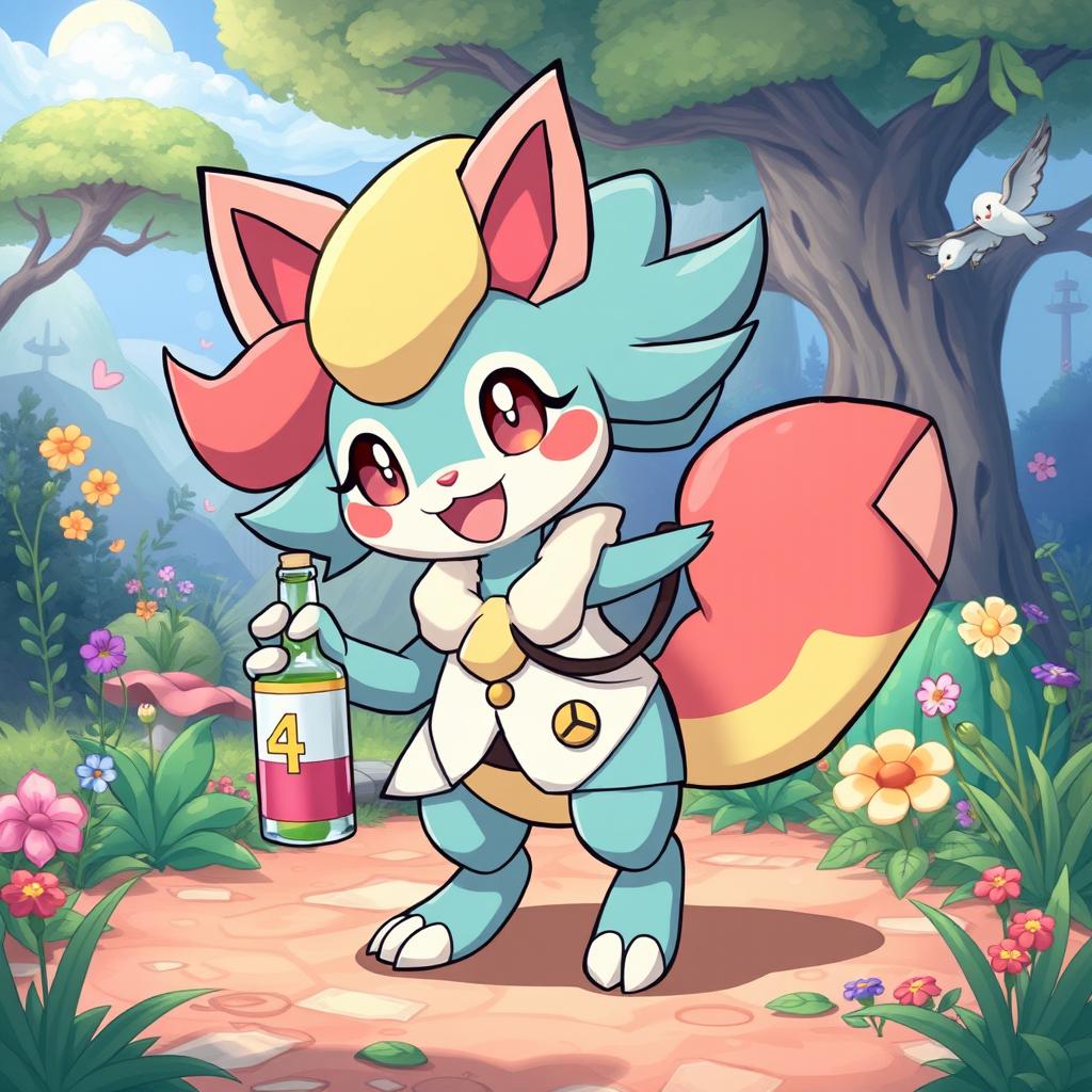 A whimsical and playful illustration of a unique Pokémon character named Doctorine, designed as a hybrid breed featuring vibrant colors and distinctive traits