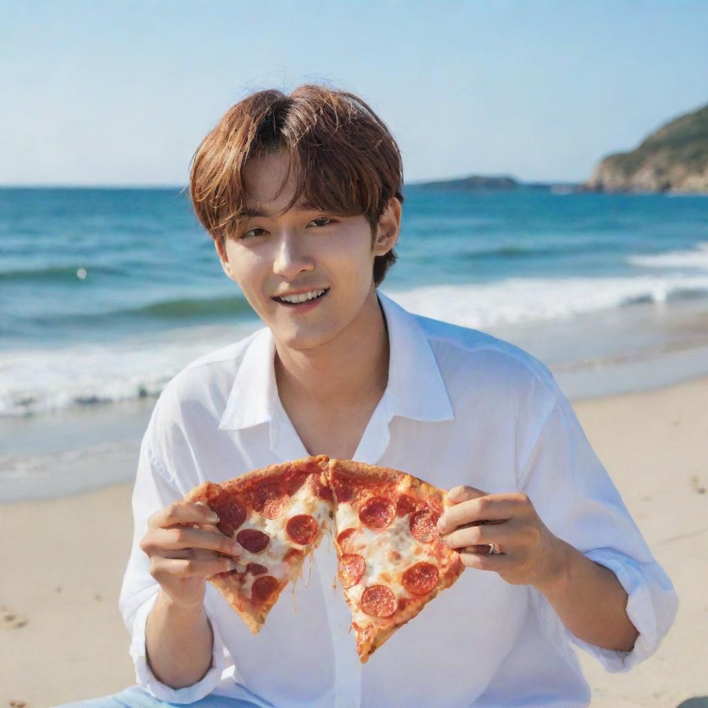 BTS member Kim Taehyung blissfully enjoying a slice of pizza on a sunny beach, with the waves gently crashing in the background.