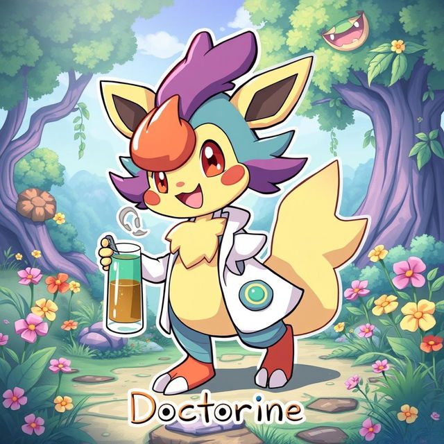 A whimsical and playful illustration of a unique Pokémon character named Doctorine, designed as a hybrid breed featuring vibrant colors and distinctive traits