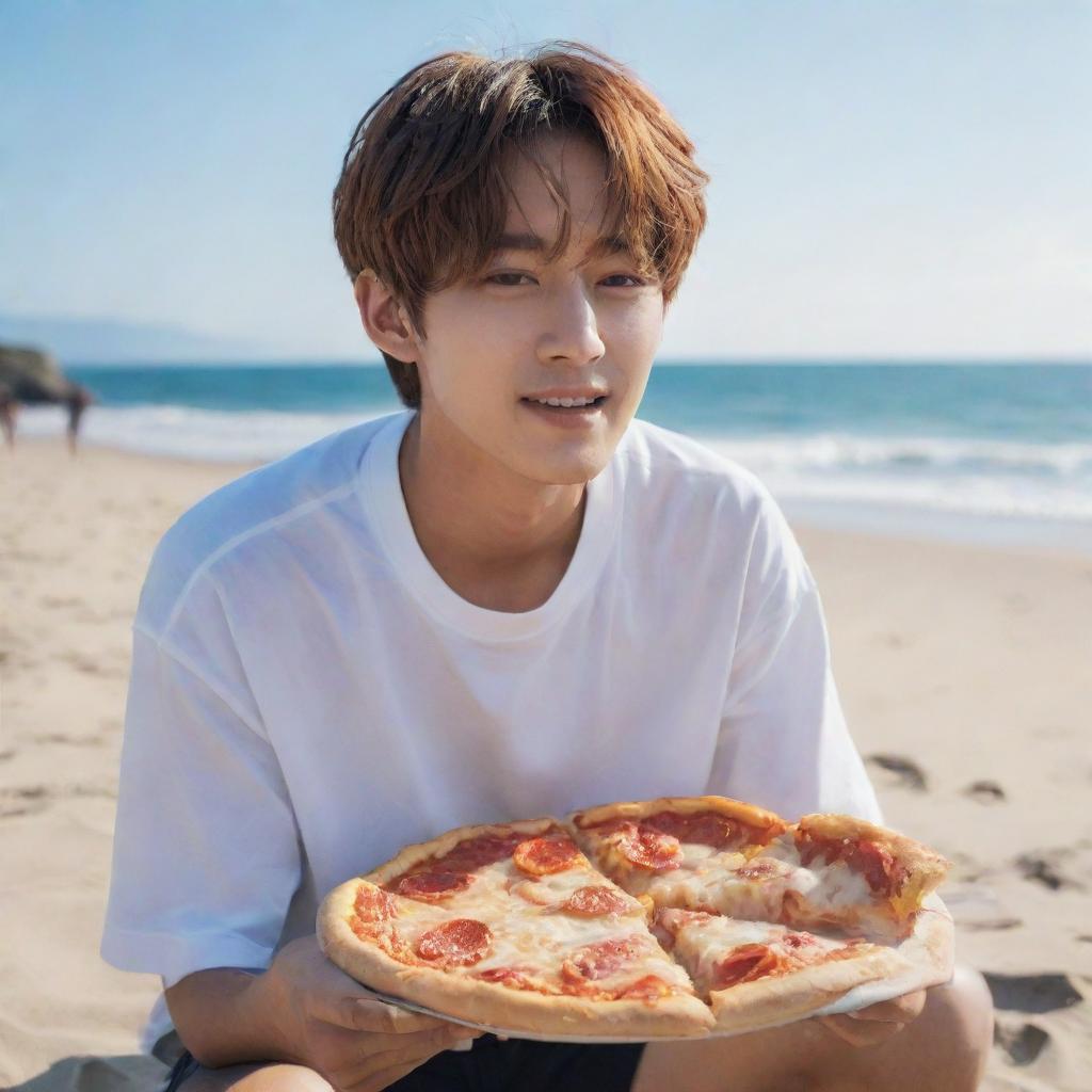 BTS member Kim Taehyung blissfully enjoying a slice of pizza on a sunny beach, with the waves gently crashing in the background.