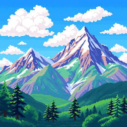 Pixel art depicting a majestic mountain range with vibrant colors