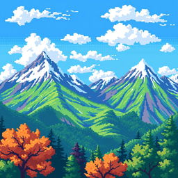 Pixel art depicting a majestic mountain range with vibrant colors